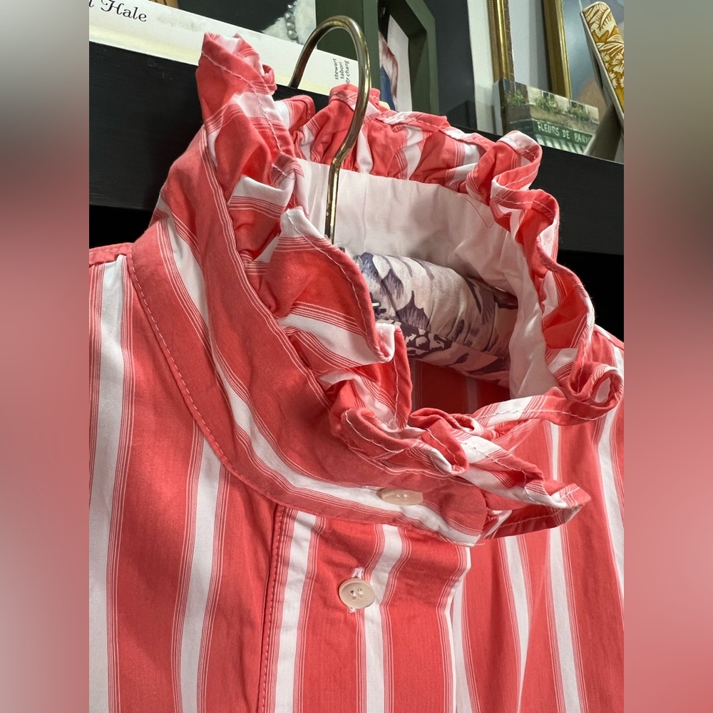 THIERRY COLSON Rare Long Sleeve VENETIA Maxi Ruffle Collar Coral Stripe Dress XL - Picture 3 of 8